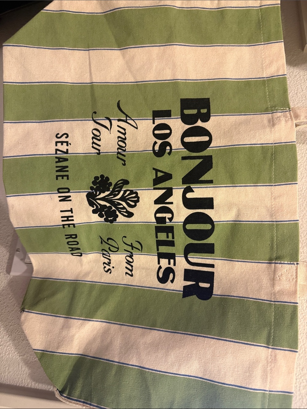 Sezane Green and Cream Striped Tote with Bold Bonjour Los Angeles Print